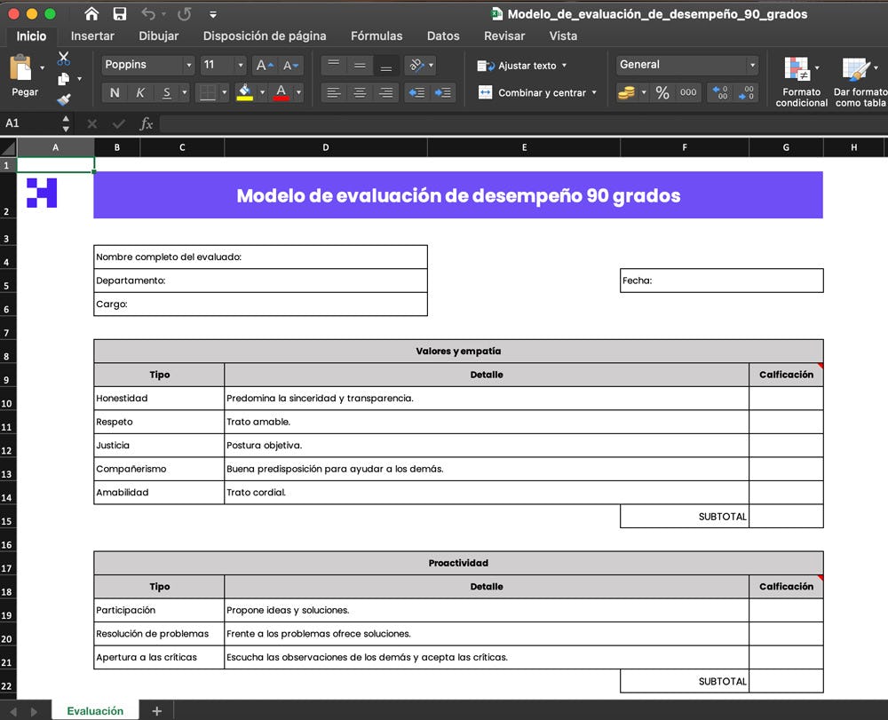 modelo de evaluación de desempeño 90 grados