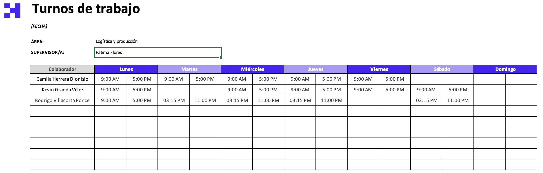 plantilla de turnos de trabajo