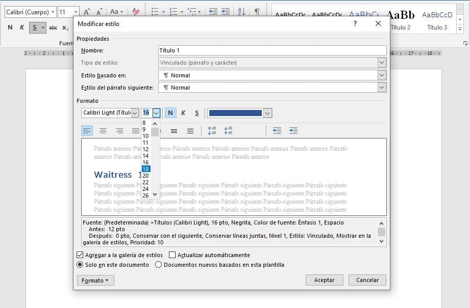 definir estilo de índice de Word