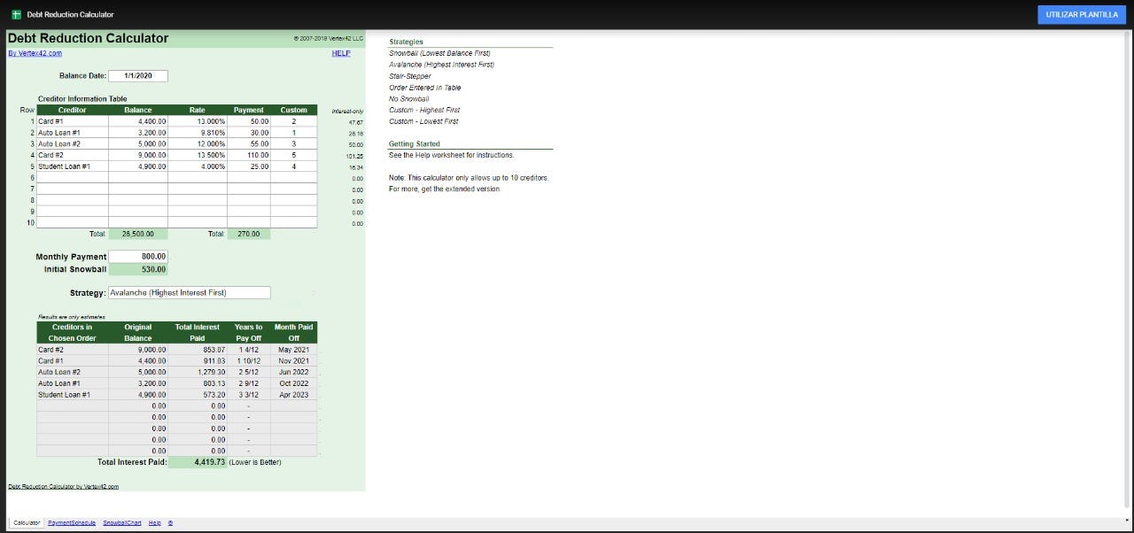 control de deudas planilla de Google Sheets