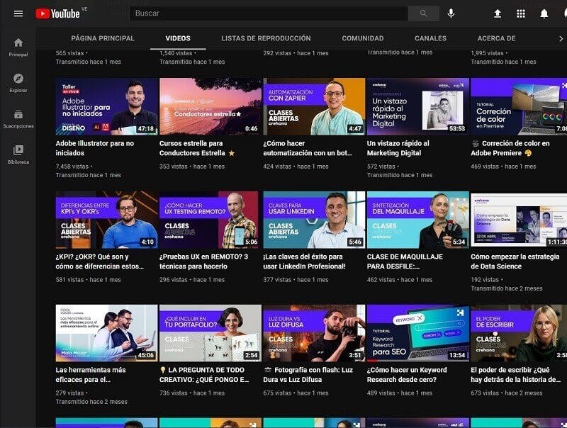 thumbnails canal de youtube de crehana