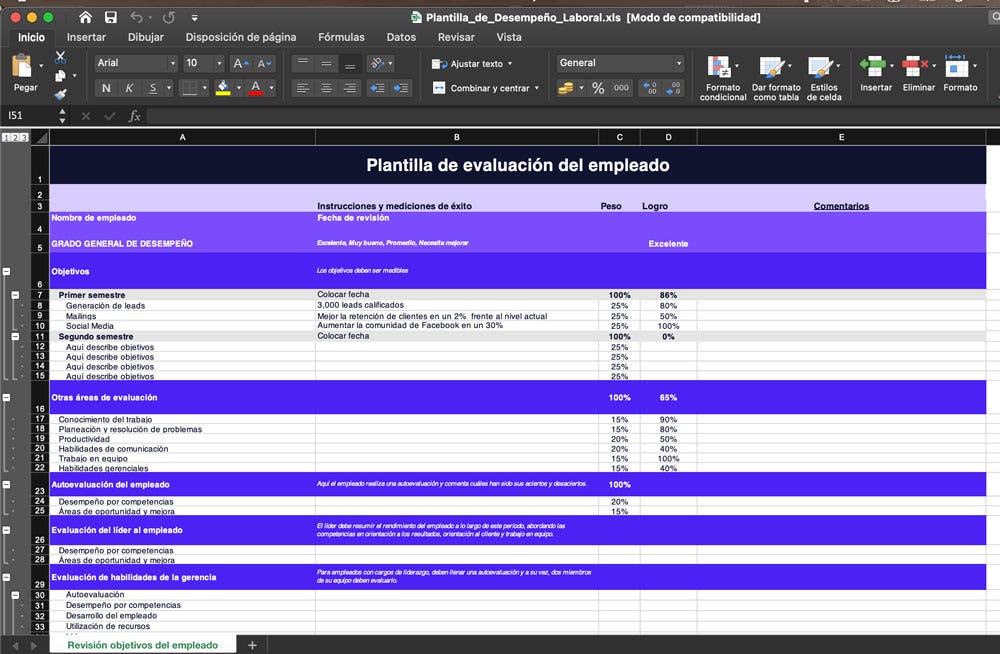 Plantilla para evaluación de desempeño