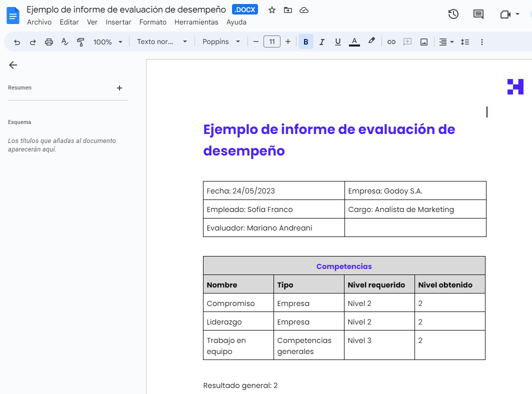 informe de evaluacion de desempeño ejemplo excel