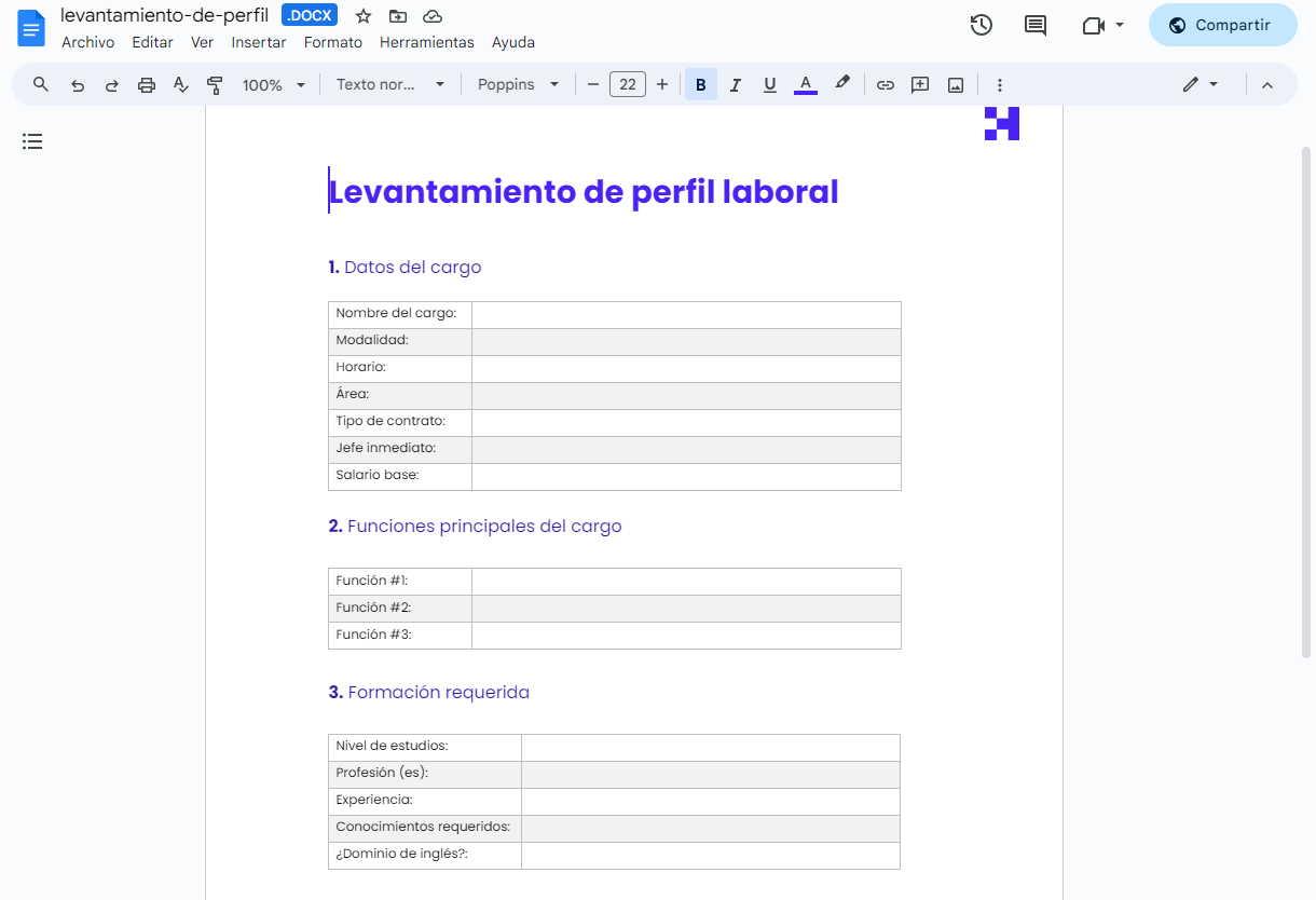 ejemplo de perfil de cargo en Word