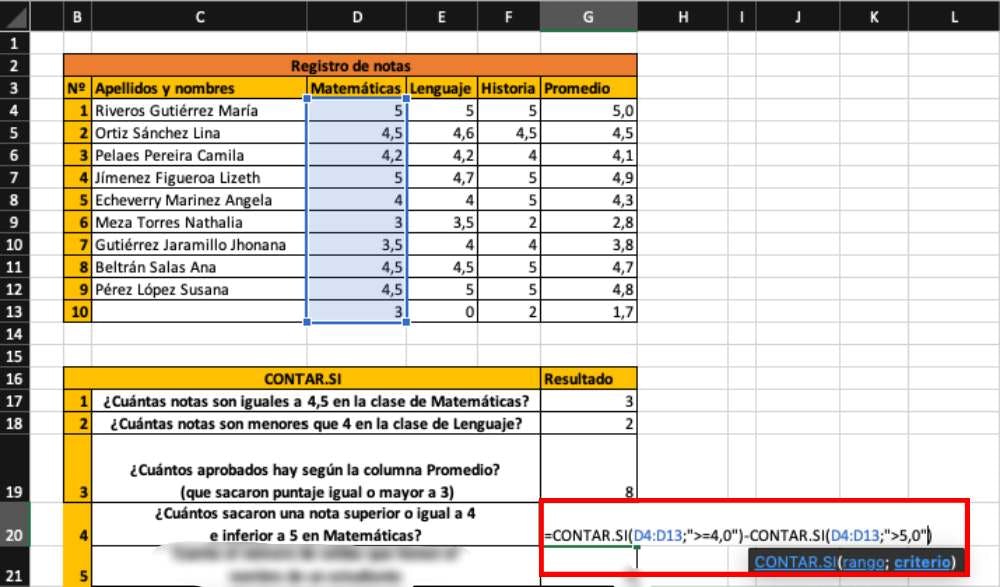¿Cuántos sacaron una nota superior o igual a 4 e inferior a 5 en Matemáticas?