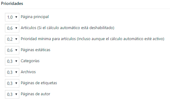 prioridades en ajustes de google sitemaps