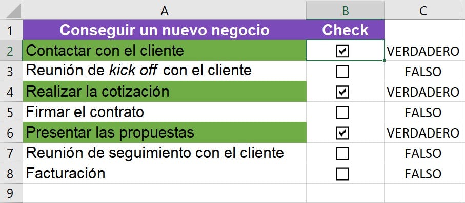 Checklist en Excel con casillas de verificación y formato condicional