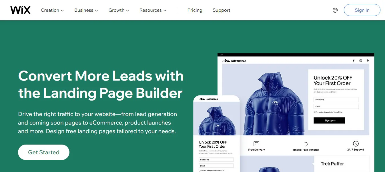 Página de Wix para hacer landing page