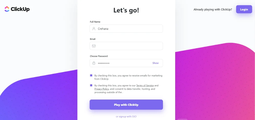 Paso 2 para crear una cuenta en ClickUp