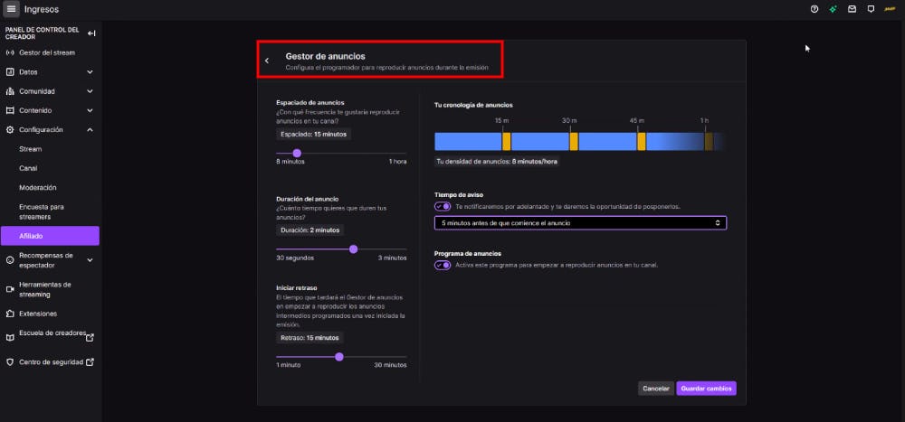 Paso 3 de cómo poner anuncios en Twitch