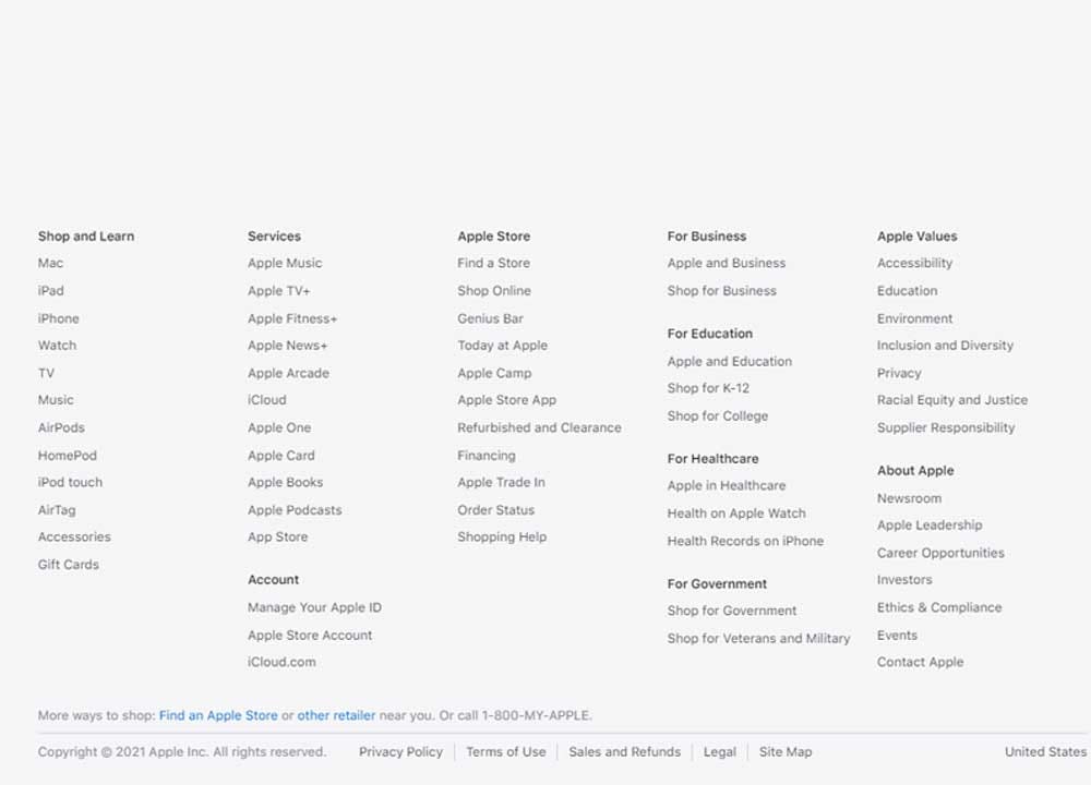 footer de pagina web de apple