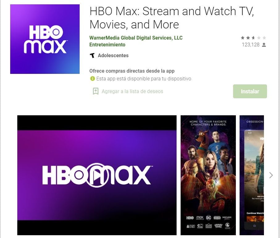 imagen de HBO Max app en Play Store web