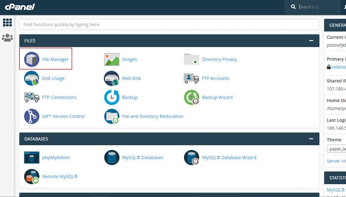 cPanel administrador archivos