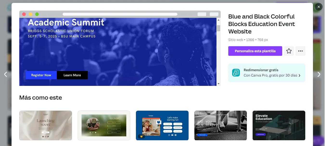 Página de Canva para hacer landing page