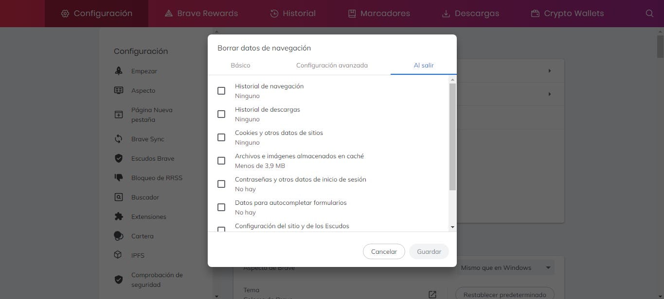 Tips para borrar memoria caché en Brave