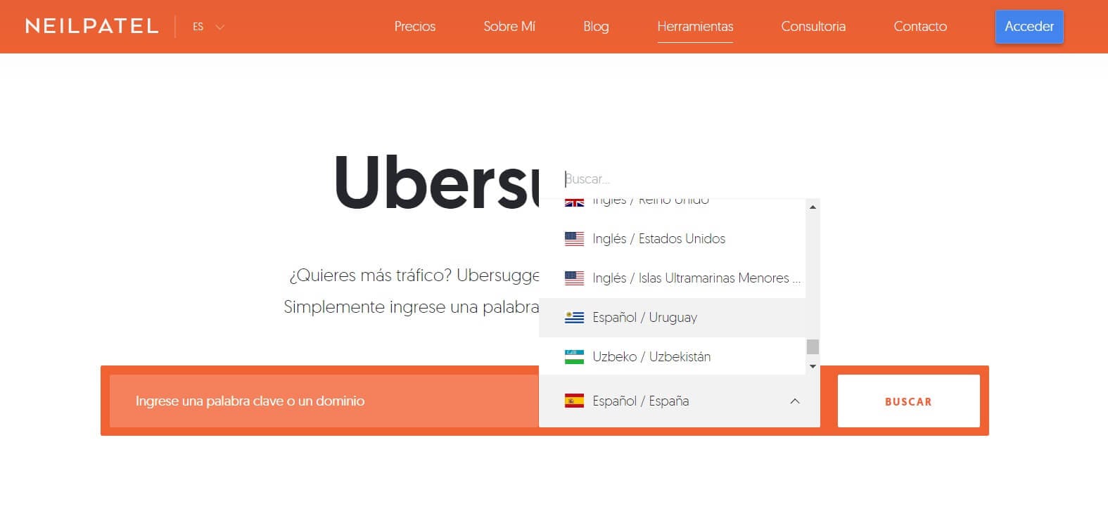 Configura el idioma y la región en ubersuggest