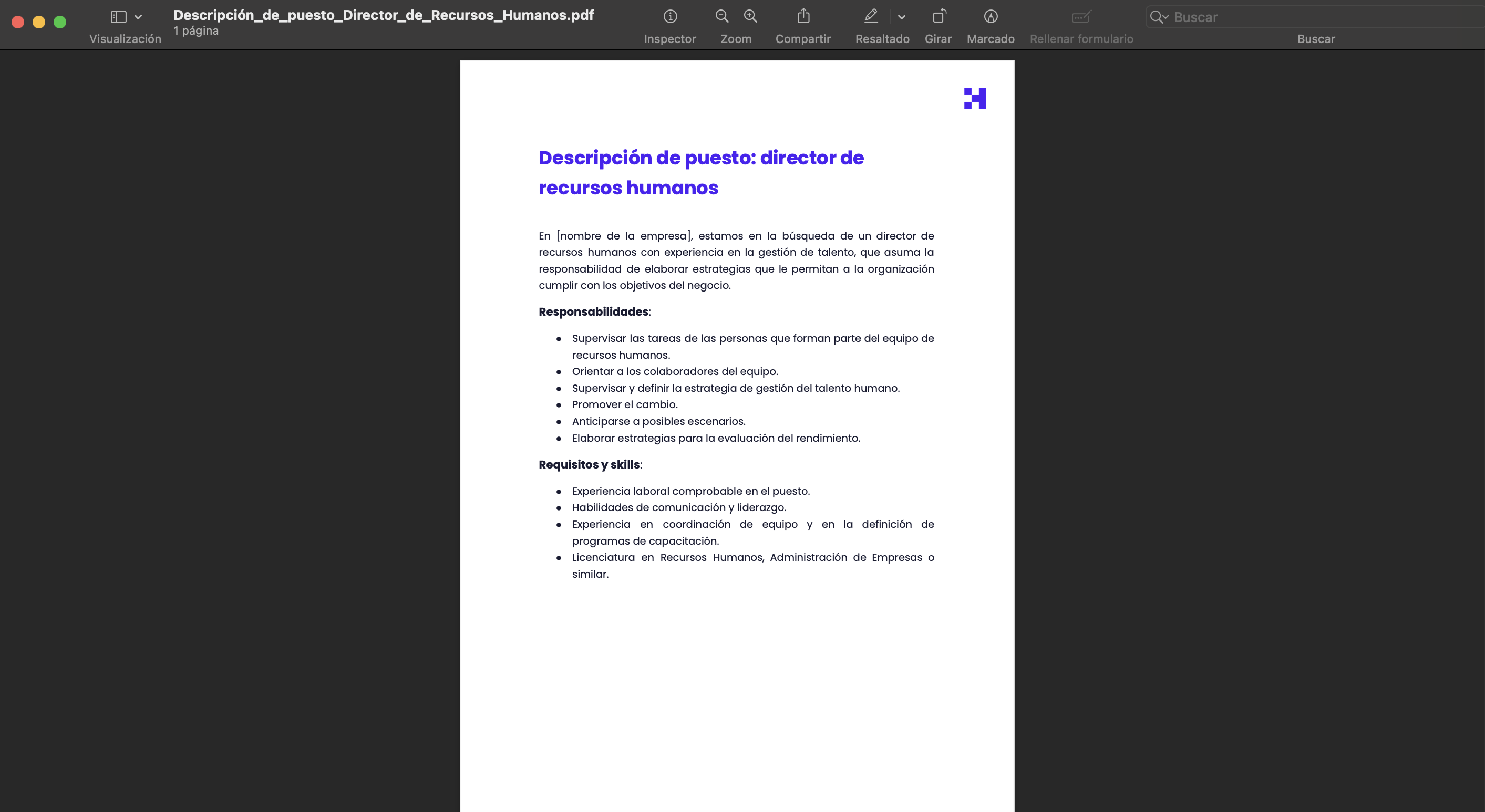 descripción del puesto de director de recursos humanos 