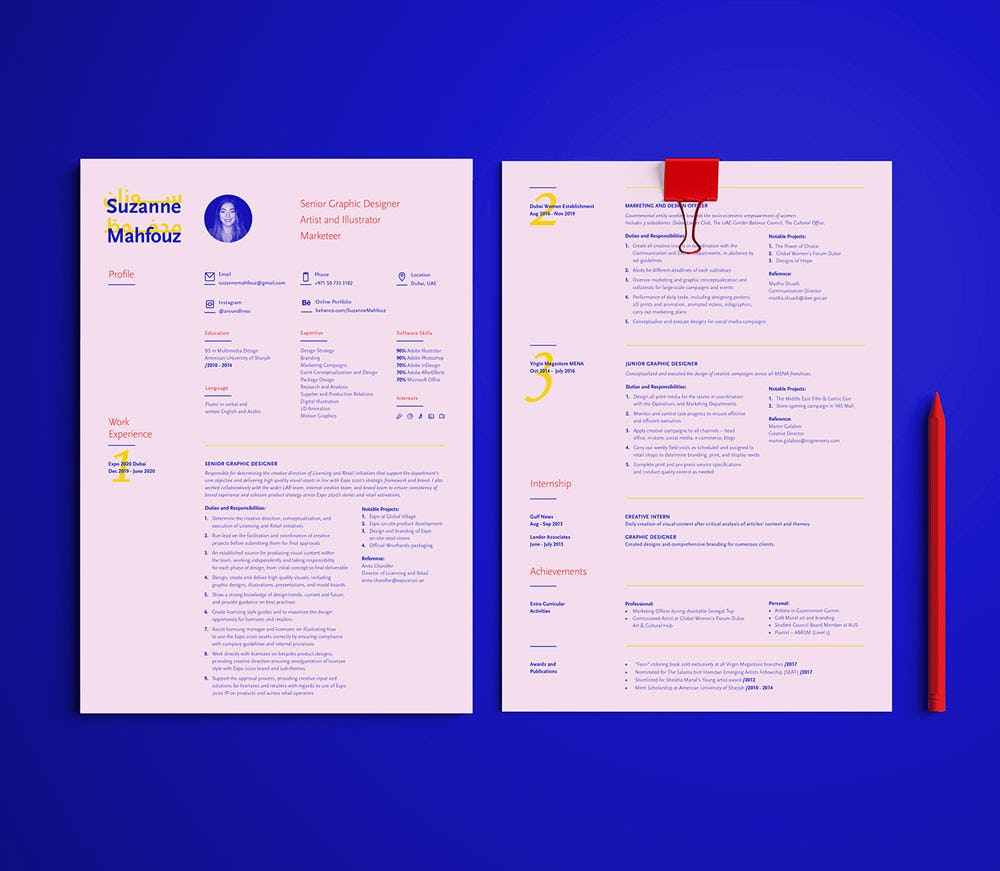 ejemplo de currículum creativo diseñado por Suzanne Mahfouz