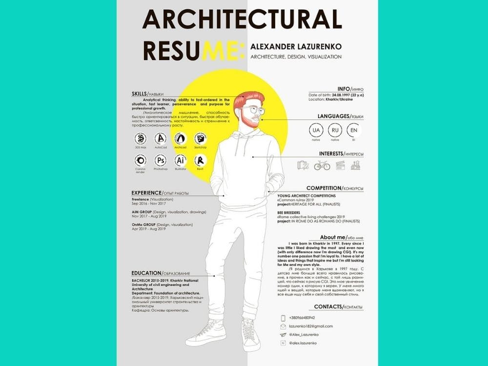 ejemplo de currículum creativo diseñado por Alexander Lazurenko