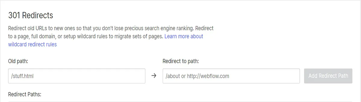 Sección de 301 redirects en Webflow