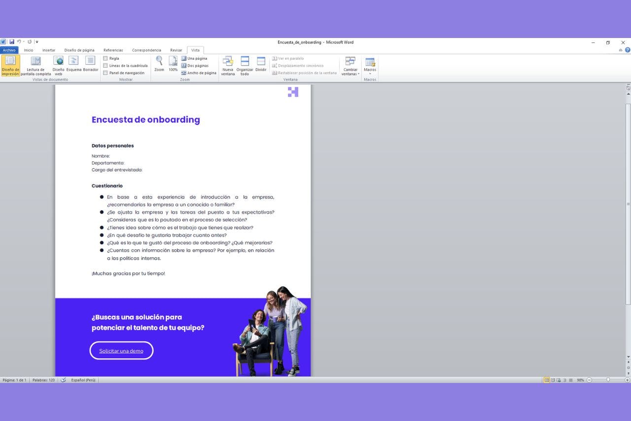 encuesta de onboarding en un período de prueba laboral