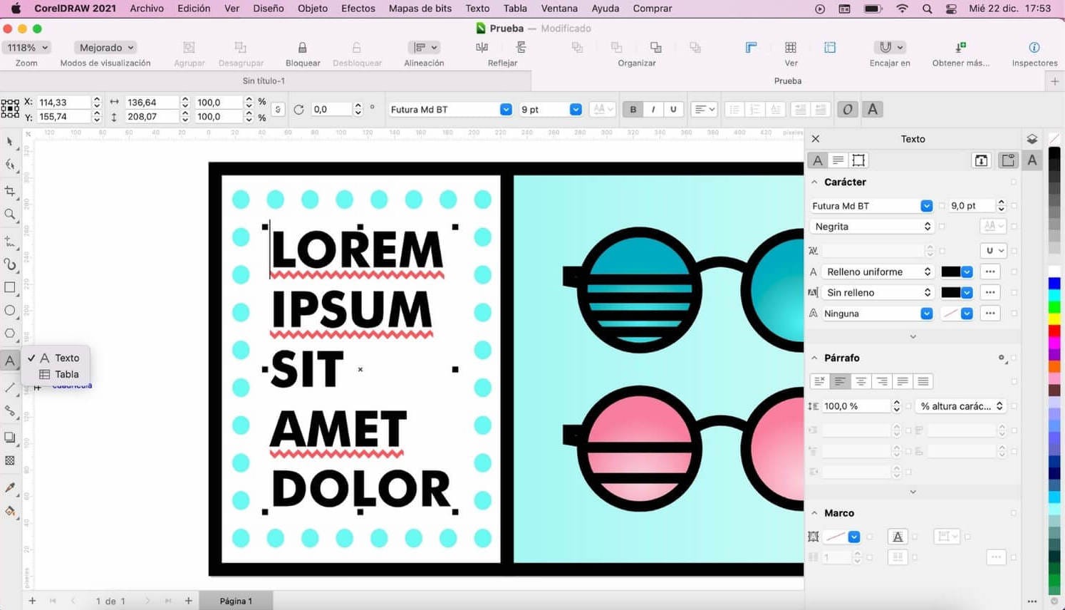 herramienta de texto de Corel