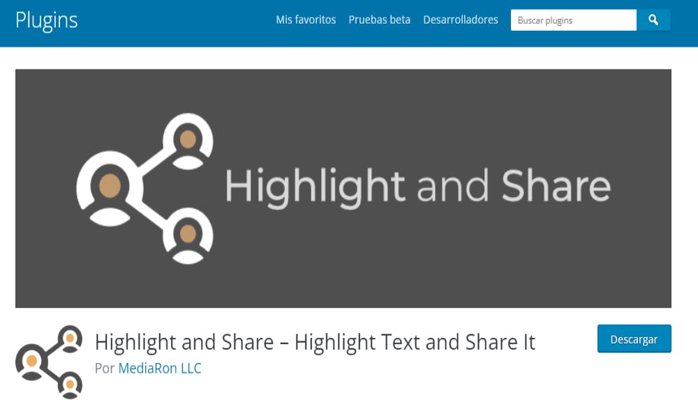 Highlight and Share en representación de uno delos plugins para compartir en redes sociales de Wordpress