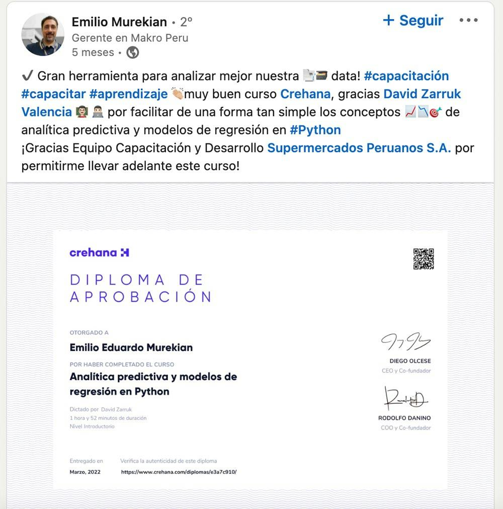 diploma de Crehana publicado en LinkedIn