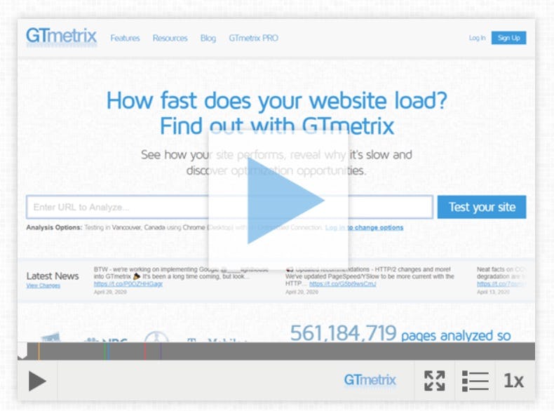 video de carga de métricas de GTmetrix